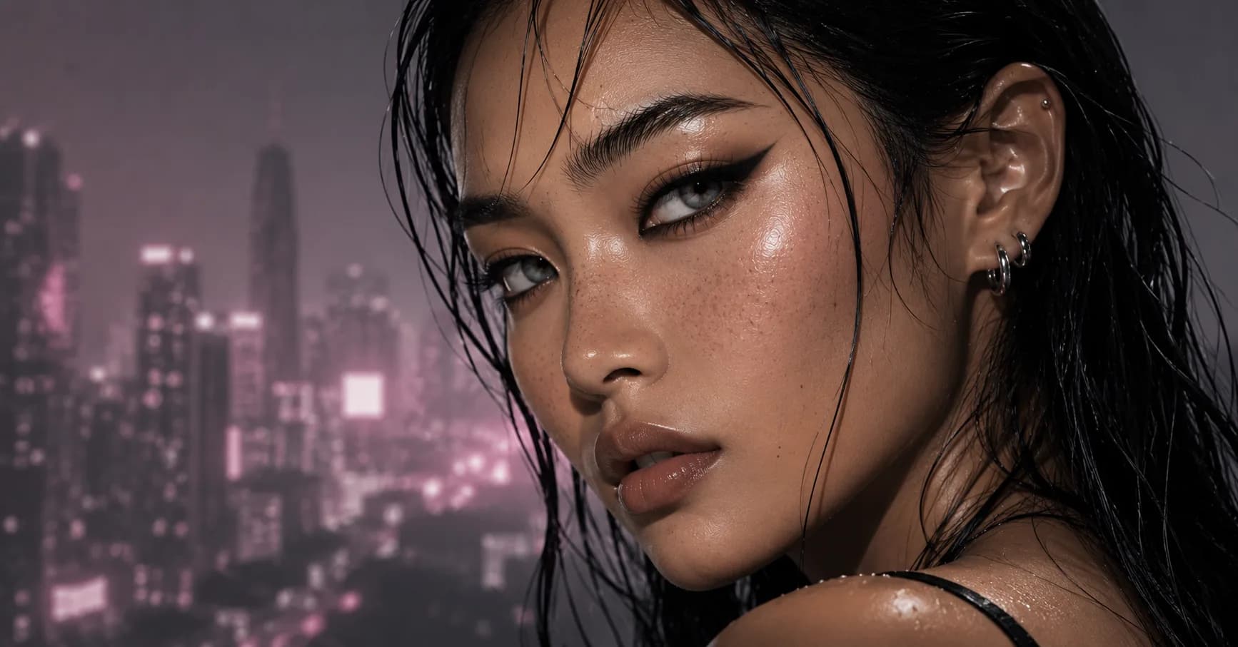Suay campaign — editorial beauty portrait against a neon Bangkok skyline